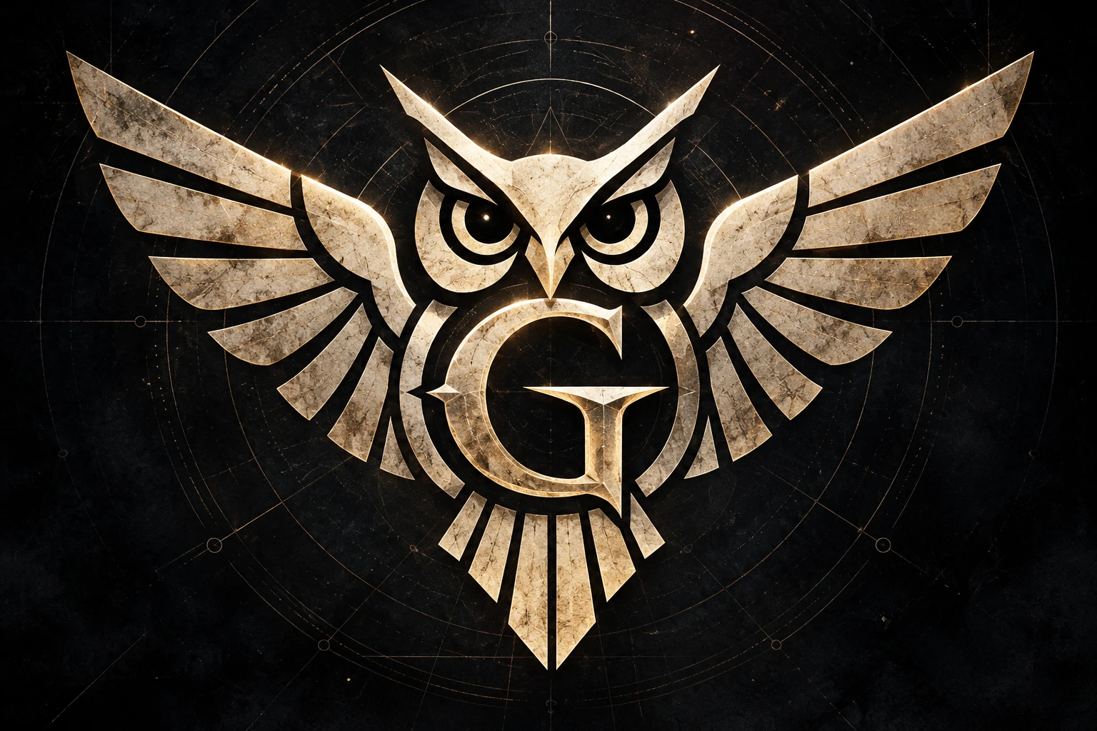 Glimsmack emblem: a weathered gold owl with outstretched wings surrounding the letter G on a dark cosmic background.